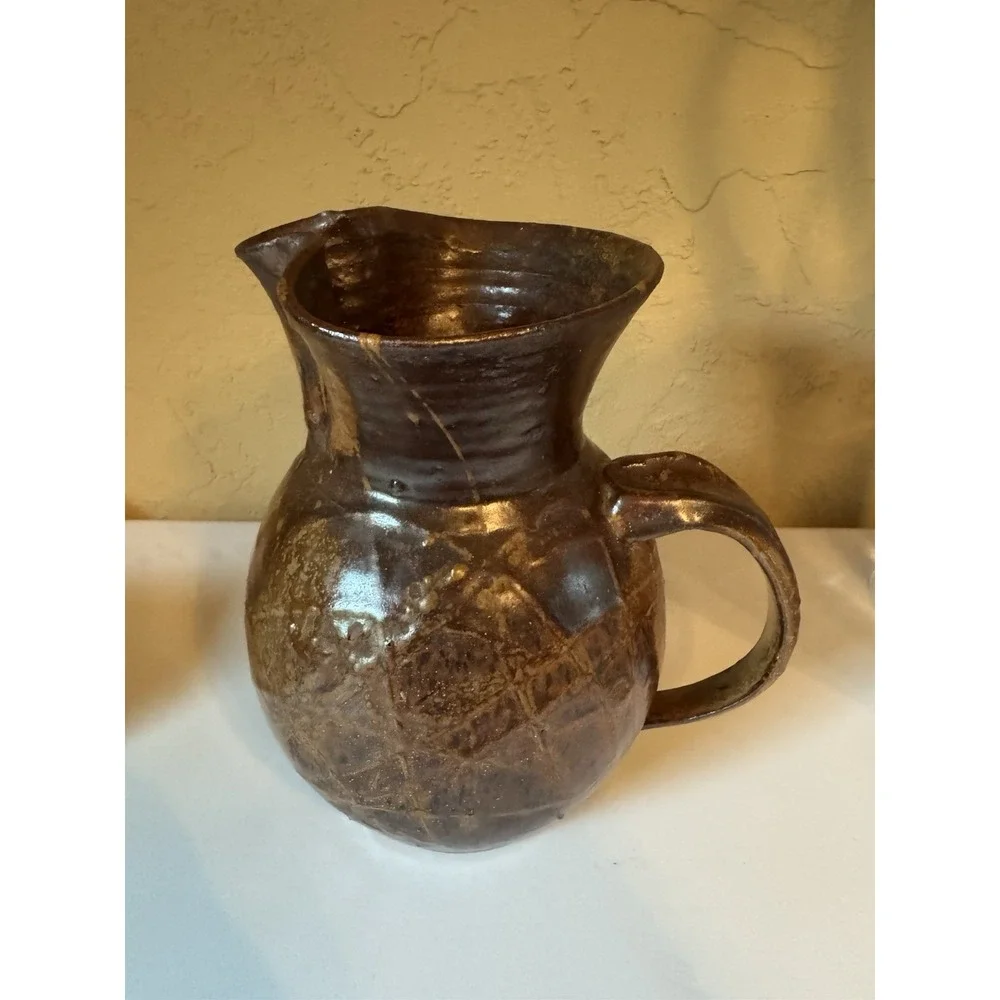 Vintage Studio Pottery Pitcher Hand Thrown Faceted Brown Glaze Art Jug Rustic